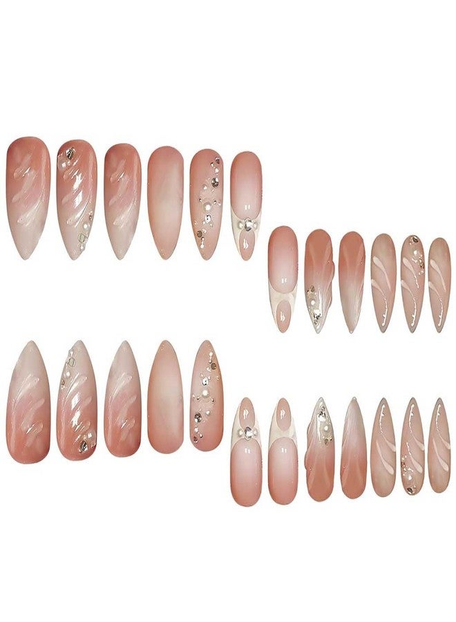 Foccna Press On Nails -Short Almond French Tip Fake Nails with 3D Pearls, Reusable Wedding Nails -24pcs, Gorgeous Nails - Image 2